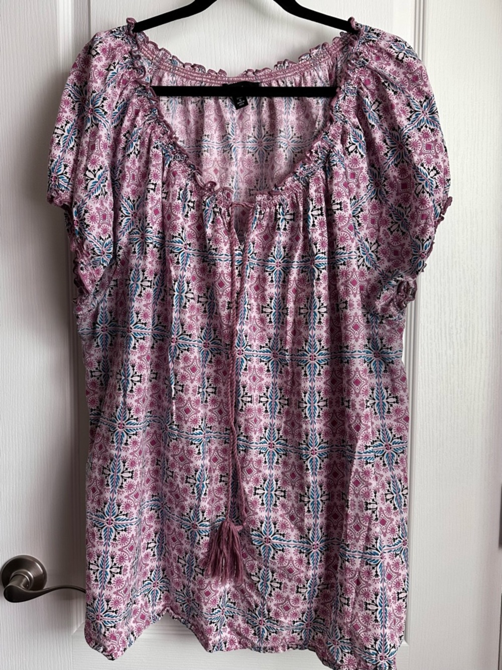 ellos Pink Printed Peasant Blouse with Tassel Tie